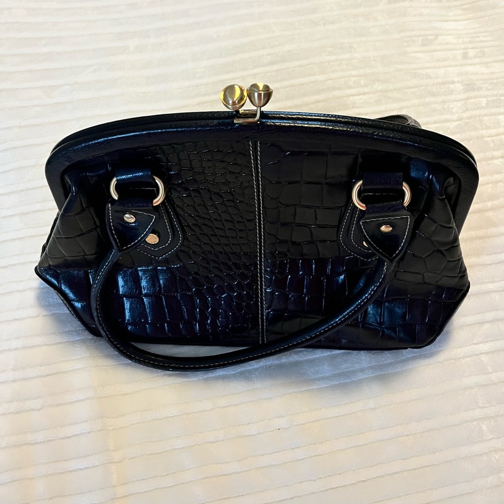 Franco Sarto Black Croc-Embossed Crossbody Bag with Gold Hardware